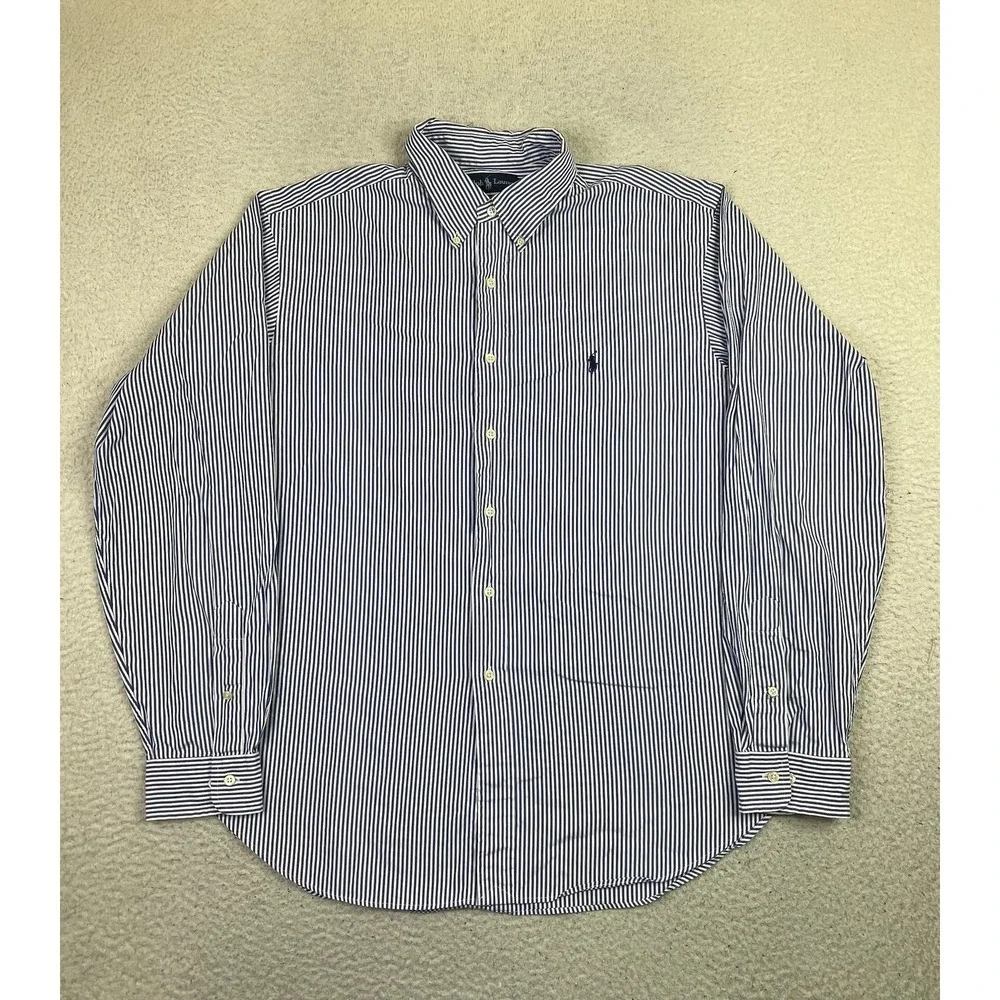 Polo Ralph Lauren Dress Shirt Mens 17.5 36/37 Blue Stripe Classic Button Down LS